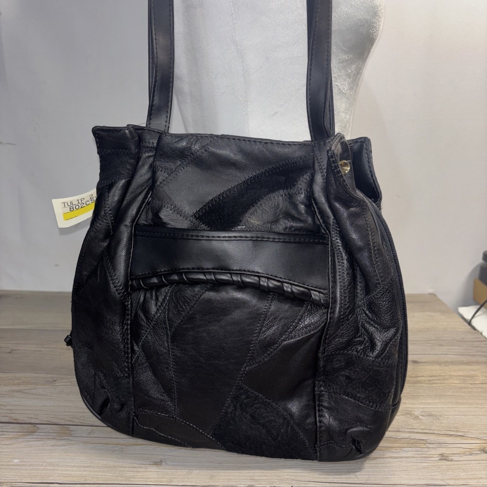 Vintage Black Leather Patchwork Naturalizer Handbag 80's Style Tulip Bag